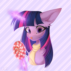 Size: 2066x2048 | Tagged: safe, artist:maybeweed, twilight sparkle, pony, unicorn, g4, abstract background, big ears, bust, candy, clothes, female, food, glowing, glowing horn, high res, horn, lollipop, magic, mare, scarf, solo, telekinesis, tongue out, unicorn twilight