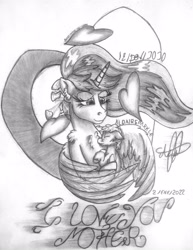 Size: 3006x3903 | Tagged: safe, artist:aldairsparkle, princess luna, oc, alicorn, pony, g4, artwork, female, foal, heart, high res, hug, i love you mother, love, male, mother and child, mother and son, pencil, pencil drawing, prince shan, spread wings, traditional art, wings