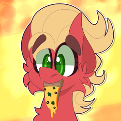Size: 1629x1629 | Tagged: safe, artist:saveraedae, sprout cloverleaf, earth pony, pony, g5, my little pony: a new generation, bust, cheek fluff, chest fluff, cute, ear fluff, eyebrows, food, male, nom, pizza, portrait, slice of pizza, solo, sproutbetes, stallion