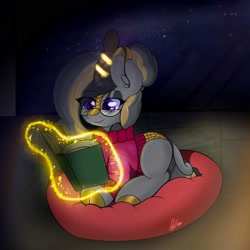 Size: 2000x2000 | Tagged: safe, oc, oc:luxury royale, kirin, pony, book, clothes, cushion, glasses, high res, horn, magic, reading, solo, sweater