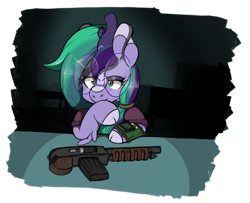 Size: 678x551 | Tagged: safe, artist:orbitingdamoon, oc, oc only, oc:tutti frutti, kirin, pony, bow, crossover, fallout, glasses, gun, interrogation, pipboy, round glasses, simple background, solo, table, transparent background, weapon
