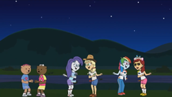 Size: 1280x720 | Tagged: safe, applejack, rainbow dash, rarity, equestria girls, g4, bananas in pyjamas, camp everfree outfits, crossover, dancing, eddy misbehaves at camp goville, female, goanimate, hill, lesbian, night, ship:rarijack, shipping