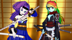 Size: 1920x1080 | Tagged: safe, artist:ratachu666, rainbow dash, rarity, equestria girls, g4, 3d, duo, katana, koikatsu, sword, weapon