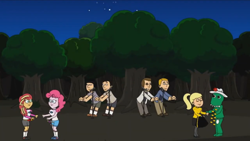 Size: 1280x720 | Tagged: safe, pinkie pie, sunset shimmer, dinosaur, human, equestria girls, g4, big time rush, camp everfree outfits, carlos pena, crossover, dancing, dorothy the dinosaur, eddy misbehaves at camp goville, goanimate, james maslow, kendall schmidt, logan henderson, microphone, microphone stand, night, singing, the wiggles, tree