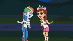 Size: 1280x720 | Tagged: safe, rainbow dash, equestria girls, g4, camp everfree outfits, cat ears, dancing, eddy misbehaves at camp goville, goanimate, jewelry, night, open mouth, sunglasses, tiara