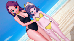 Size: 1920x1080 | Tagged: safe, artist:ratachu666, diamond tiara, spoiled rich, equestria girls, g4, 3d, beach, bikini, breasts, busty spoiled rich, child, clothes, daughter, duo, duo female, equestria girls-ified, female, koikatsu, legs together, looking at you, mother, mother and child, mother and daughter, one-piece swimsuit, side-tie bikini, swimsuit, yellow bikini, yellow bikini bottom, yellow bikini top
