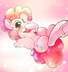 Size: 1523x1612 | Tagged: safe, artist:kurogewapony, pinkie pie, earth pony, pony, g4, abstract background, blushing, cute, diapinkes, female, looking at you, lying down, mare, on back, smiling, smiling at you, solo, underhoof