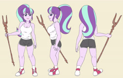 Size: 5373x3425 | Tagged: safe, artist:sumin6301, starlight glimmer, equestria girls, g4, bare shoulders, clothes, converse, female, legs, ponytail, shoes, shorts, simple background, sleeveless, smiling, sneakers, solo, staff, staff of sameness, tank top