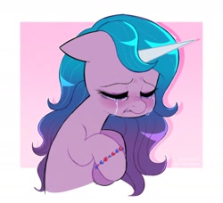 Size: 2120x1934 | Tagged: safe, artist:syrupyyy, izzy moonbow, pony, unicorn, g5, my little pony: a new generation, abstract background, blushing, bracelet, crying, eyes closed, female, floppy ears, frown, high res, izzy moodbow, jewelry, mare, sad, solo, teeth