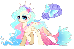 Size: 2272x1501 | Tagged: safe, artist:gihhbloonde, oc, hybrid, female, magical lesbian spawn, offspring, parent:fluttershy, parent:princess skystar, simple background, solo, transparent background