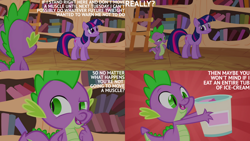 Size: 1280x720 | Tagged: safe, edit, edited screencap, editor:quoterific, screencap, spike, twilight sparkle, dragon, pony, unicorn, g4, it's about time, season 2, duo, female, food, frown, golden oaks library, ice cream, male, mare, open mouth, open smile, smiling, unicorn twilight