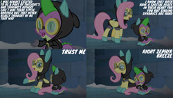 Size: 1280x720 | Tagged: safe, edit, edited screencap, editor:quoterific, screencap, fluttershy, spike, dragon, pegasus, pony, g4, season 9, sparkle's seven, bunny ears, clothes, costume, dangerous mission outfit, female, goggles, hoodie, male, mare, open mouth, open smile, smiling, winged spike, wings