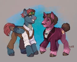 Size: 2000x1606 | Tagged: safe, artist:birdoffnorth, oc, oc only, pegasus, pony, unicorn, clothes, cloven hooves, duo, duo male, goggles, goggles on head, grin, lidded eyes, male, overalls, raised hoof, smiling, stallion, unshorn fetlocks