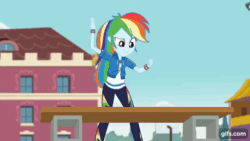Size: 640x360 | Tagged: safe, screencap, rainbow dash, sci-twi, twilight sparkle, equestria girls, g4, my little pony equestria girls: better together, stressed in show, stressed in show: rainbow dash, animated, animated screencap, canterlot high, clothes, cutie mark on clothes, eyes closed, female, geode of super speed, gif, gifs.com, glasses, hoodie, jewelry, karate, magical geodes, necklace, open mouth, open smile, shrunken pupils, smiling, this ended in pain