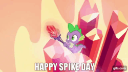 Size: 640x360 | Tagged: safe, edit, edited screencap, editor:quoterific, screencap, spike, dragon, g4, gauntlet of fire, season 6, animated, gif, gifs.com, impact font, male, open mouth, solo, spike day, text, wide eyes