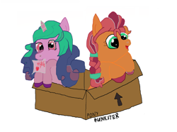Size: 4363x3254 | Tagged: safe, artist:hunkster, izzy moonbow, sunny starscout, earth pony, pony, unicorn, g5, my little pony: a new generation, box, duo, female, mouth hold, pony in a box, sign, simple background, white background
