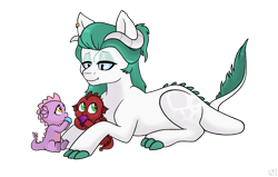 Size: 1500x953 | Tagged: safe, artist:rukawa93, oc, oc only, oc:crystal gem, dracony, dragon, hybrid, baby, baby dragon, babysitting, eating, gem, interspecies offspring, lying down, offspring, parent:rarity, parent:spike, parents:sparity, prone, simple background, transparent background
