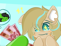 Size: 1300x995 | Tagged: source needed, useless source url, safe, artist:grithcourage, oc, oc:anon, oc:grith courage, earth pony, pony, adorable face, cute, ear fluff, excited, fangs, hopping, indonesia, money, rupiah, simple background