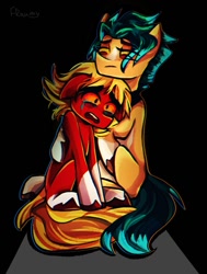 Size: 1135x1500 | Tagged: safe, artist:fraumflug, artist:saanyaaa_, hitch trailblazer, sprout cloverleaf, earth pony, pony, g5, my little pony: a new generation, best friends, best friends until the end of time, black background, bloodshot eyes, caring, crying, depressed, duo, gay, hug, male, sad, ship:clovertrail, shipping, simple background, sproutbetes, stallion