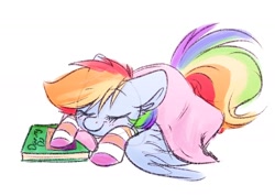 Size: 1842x1310 | Tagged: safe, artist:lbrcloud, rainbow dash, pegasus, pony, g4, blanket, book, clothes, cute, dashabetes, female, mare, simple background, sleeping, socks, solo, striped socks, white background