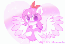 Size: 2131x1448 | Tagged: safe, artist:memengla, oc, oc only, pegasus, pony, female, heart, looking at you, simple background, solo, spread wings, wings