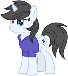 Size: 1024x1142 | Tagged: safe, artist:pegasski, oc, oc only, oc:gray area, pony, unicorn, g4, black mane, black tail, blue eyes, clothes, female, frown, full body, hooves, horn, mare, outline, shirt, show accurate, simple background, solo, standing, tail, three quarter view, transparent background, unicorn oc, white outline