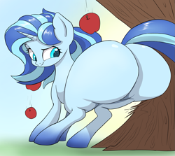 Size: 1345x1200 | Tagged: safe, artist:ahobobo, oc, oc only, oc:urban wave, pony, unicorn, apple, applebucking, blank flank, bottom heavy, butt, fat, female, huge butt, large butt, pear shaped, plot, satisfied, solo, the ass was fat, thick, tree, wide hips, wide load, wrecking ball