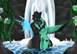 Size: 8500x6000 | Tagged: safe, artist:ginnythequeen, oc, oc:404, oc:ginny, alicorn, changeling, anthro, 40nny, couple, flower, love, stone, water, waterfall