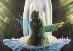 Size: 8500x6000 | Tagged: safe, artist:ginnythequeen, oc, oc:404, oc:ginny, alicorn, changeling, anthro, 40nny, couple, love, stone, waterfall
