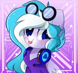Size: 1440x1337 | Tagged: safe, artist:kittyrosie, oc, oc only, oc:skydrive, pegasus, pony, blushing, clothes, cute, goggles, headphones, headset, hoodie, looking at you, raspberry, smiling, solo, tongue out