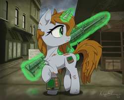 Size: 2710x2175 | Tagged: safe, artist:itchystomach, oc, oc only, oc:littlepip, pony, unicorn, fallout equestria, building, chest fluff, city, concave belly, digital art, ear fluff, female, full body, glowing, glowing horn, gun, high res, horn, looking offscreen, m4, magic, magic glow, mare, outdoors, pipbuck, profile, raised hoof, rifle, scar, side view, sign, solo, standing, telekinesis, unicorn oc, weapon