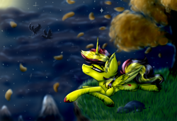 Size: 4000x2738 | Tagged: safe, artist:beamybutt, oc, oc only, alicorn, pony, alicorn oc, ear fluff, eyelashes, floating island, horn, leaves, lying down, outdoors, prone, smiling, solo, tree, wings