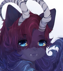 Size: 1280x1451 | Tagged: safe, artist:qawakie, oc, oc only, pony, bust, ethereal mane, fangs, horns, simple background, slit pupils, solo, starry mane, white background