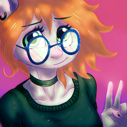 Size: 2000x2000 | Tagged: safe, artist:porcelanowyokular, oc, oc only, earth pony, anthro, abstract background, bust, choker, ear piercing, earring, earth pony oc, eyelashes, female, glasses, high res, jewelry, peace sign, piercing, smiling, solo