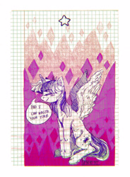 Size: 2083x2833 | Tagged: safe, artist:porcelanowyokular, twilight sparkle, alicorn, pony, g4, female, graph paper, high res, mare, smiling, solo, talking, traditional art, twilight sparkle (alicorn)