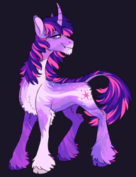 Size: 1200x1565 | Tagged: safe, artist:eeelt, twilight sparkle, pony, unicorn, g4, alternate hairstyle, chest fluff, chin fluff, cloven hooves, female, fluffy, grin, lidded eyes, looking at you, mare, redesign, simple background, smiling, smiling at you, solo, transparent background, unicorn twilight, unshorn fetlocks