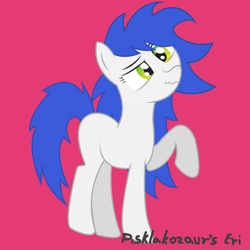 Size: 2362x2362 | Tagged: safe, artist:pisklakozaur, oc, oc only, earth pony, pony, blue mane, blue tail, earth pony oc, female, green eyes, high res, hooves, mare, raised hoof, red background, simple background, solo, standing, tail, wavy mouth
