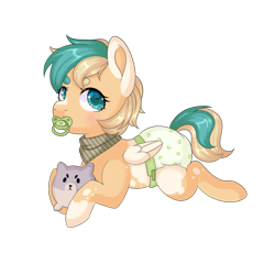 Size: 1000x1000 | Tagged: safe, artist:veincchi, oc, oc only, oc:sun light, pegasus, pony, baby, baby pony, blushing, commission, cute, diaper, female, filly, foal, lying down, pacifier, pegasus oc, plushie, simple background, solo, transparent background, wings, ych result