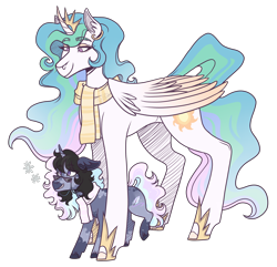 Size: 2800x2700 | Tagged: safe, artist:monnarcha, princess celestia, oc, oc:nova, pony, unicorn, g4, clothes, female, filly, foal, high res, scarf, simple background, transparent background