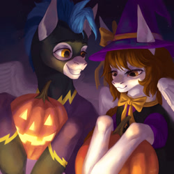 Size: 1280x1280 | Tagged: safe, artist:miurimau, oc, oc only, oc:aerial aim, oc:whirlwind flux, pegasus, pony, bust, clothes, costume, duo, female, grin, halloween, holiday, jack-o-lantern, male, mare, pegasus oc, pumpkin, shadowbolts costume, smiling, stallion, wings, witch