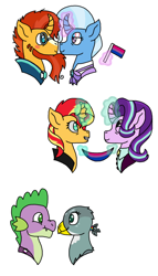 Size: 600x1050 | Tagged: safe, artist:littlemushroomsnail, gabby, spike, starlight glimmer, sunburst, sunset shimmer, trixie, dragon, griffon, pony, unicorn, g4, bisexual, bisexual pride flag, cloak, clothes, curved horn, female, gigachad spike, glasses, horn, interspecies, lesbian, male, mare, older, older gabby, older spike, older starlight glimmer, older sunburst, older sunset shimmer, older trixie, pride, pride flag, ship:shimmerglimmer, ship:spabby, ship:trixburst, shipping, stallion, straight, sunburst's cloak, sunburst's glasses