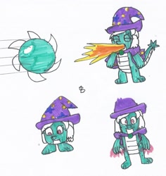 Size: 1273x1350 | Tagged: safe, artist:spaton37, trixie, dragon, goomba, g4, ball, barbs, brooch, cape, clothes, dragonified, fire, fire breath, goombafied, hat, jewelry, magic, rolling, species swap, spin dash, super mario bros., traditional art, trixie's brooch, trixie's cape, trixie's hat, trixieball, trixiedragon
