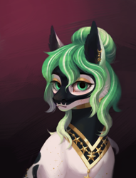 Size: 1950x2550 | Tagged: safe, artist:miurimau, oc, oc only, earth pony, pony, bust, clothes, ear piercing, earth pony oc, gradient background, piercing, smiling, solo