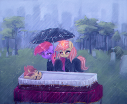 Size: 2000x1638 | Tagged: safe, artist:menalia, oc, oc only, oc:svyatoslav, oc:velly, oc:violencia, earth pony, pony, unicorn, blanket, city, clothes, coffin, corpse, crying, dead, female, funeral, gravestone, horn, magic, magic aura, male, mare, pants, rain, sad, shirt, stallion, suit, tree, umbrella