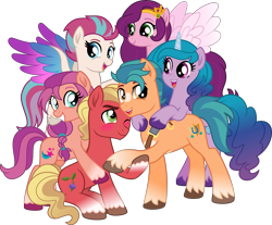 Size: 4830x4000 | Tagged: safe, artist:limedazzle, hitch trailblazer, izzy moonbow, pipp petals, sprout cloverleaf, sunny starscout, zipp storm, earth pony, pegasus, pony, unicorn, g4, g5, my little pony: a new generation, best friends, blushing, cute, female, g5 to g4, group hug, holding hooves, hug, implied clovertrail, looking at each other, looking at someone, male, mane five, mare, siblings, simple background, sisters, sprout joins the mane five, sproutbetes, stallion, transparent background