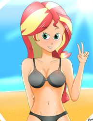Size: 3072x3973 | Tagged: safe, artist:film77asq, sunset shimmer, equestria girls, g4, beach, bikini, clothes, female, high res, human coloration, peace sign, solo, swimsuit