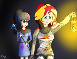 Size: 3080x2381 | Tagged: safe, artist:film77asq, sci-twi, sunset shimmer, twilight sparkle, equestria girls, g4, armor, chainmail, clothes, dark, duo, female, high res, human coloration, knight, lamp, lantern, mage, staff