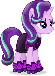 Size: 3156x4324 | Tagged: safe, artist:anime-equestria, starlight glimmer, pony, unicorn, blue eyes, clothes, ear piercing, eyeshadow, female, full body, grin, high res, hooves, horn, lidded eyes, makeup, mare, multicolored mane, multicolored tail, piercing, roller skates, shadow, shorts, simple background, smiling, solo, standing, tail, three quarter view, transparent background, vector