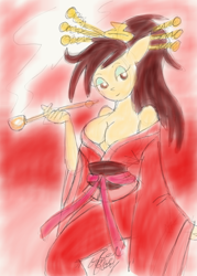 Size: 800x1117 | Tagged: safe, artist:gameboyred, oc, oc only, oc:emble, anthro, anthro oc, bare shoulders, breasts, cleavage, clothes, female, kimono (clothing), pipe, smoking, solo