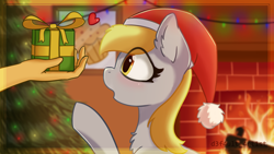 Size: 7111x4000 | Tagged: safe, artist:d3f4ult_4rt1st, derpy hooves, human, pony, g4, blushing, chest fluff, christmas, christmas lights, christmas tree, ear fluff, fireplace, food, hand, hat, heart, holiday, muffin, painting, picture, present, santa hat, solo focus, tree
